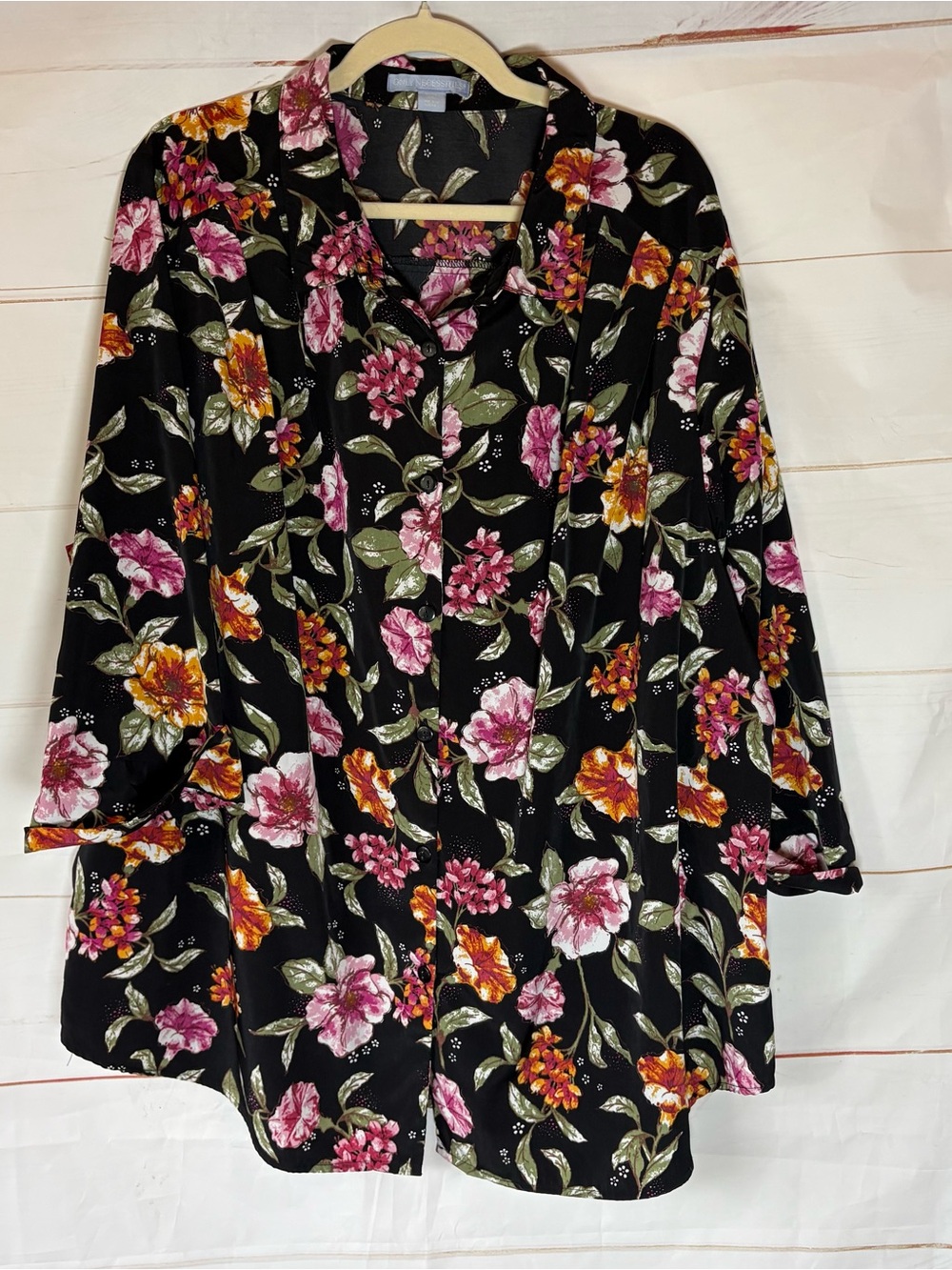 Only Necessities Black Floral Button-Down Shirt with Pink & Orange Blooms